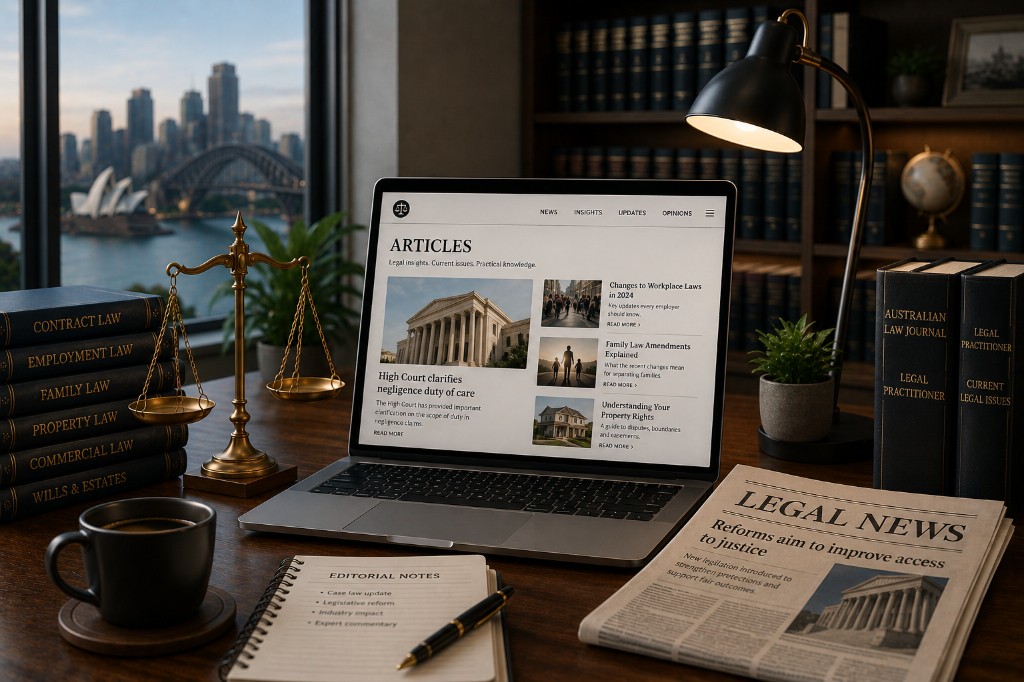 Law office desk with laptop showing legal articles, law books and Sydney Harbour view