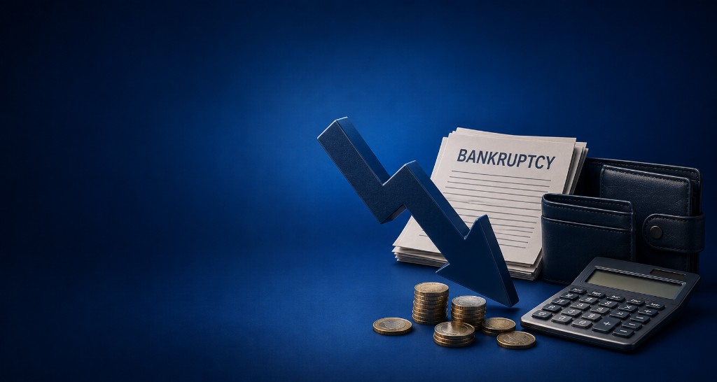 Downward financial arrow, bankruptcy document, coins, wallet and calculator representing bankruptcy and insolvency