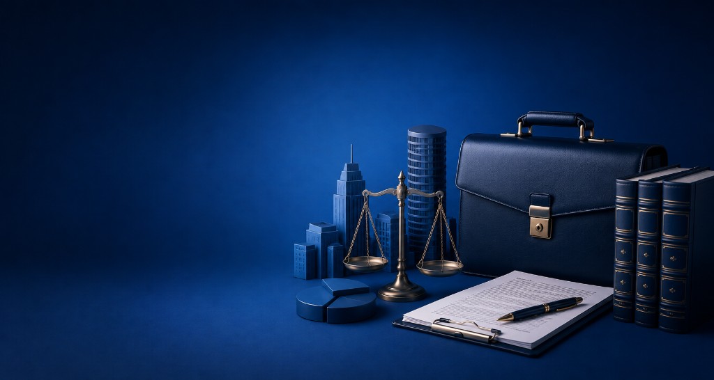Scales of justice, briefcase, law books, city skyline and contract documents representing business law