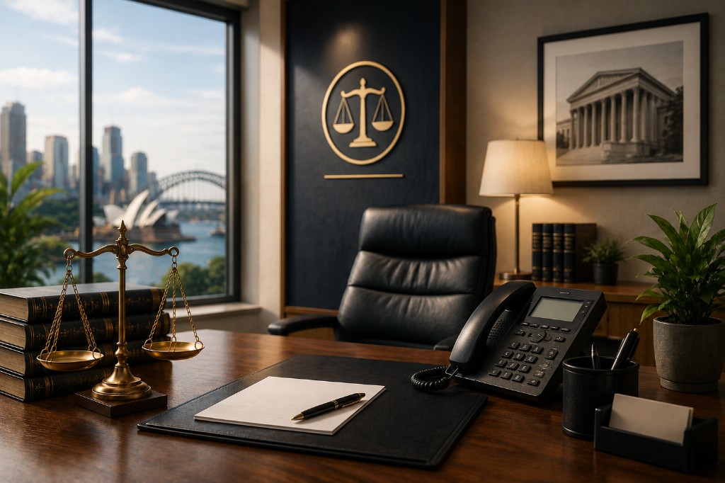 Professional law office with Sydney Harbour view, scales of justice and office phone