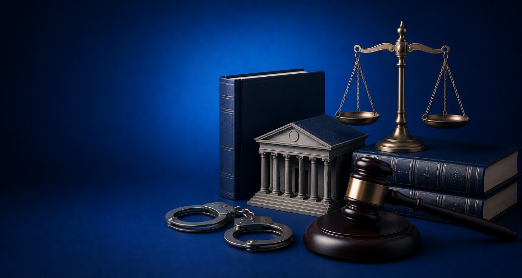 Handcuffs, courthouse, scales of justice, gavel and law books representing criminal law