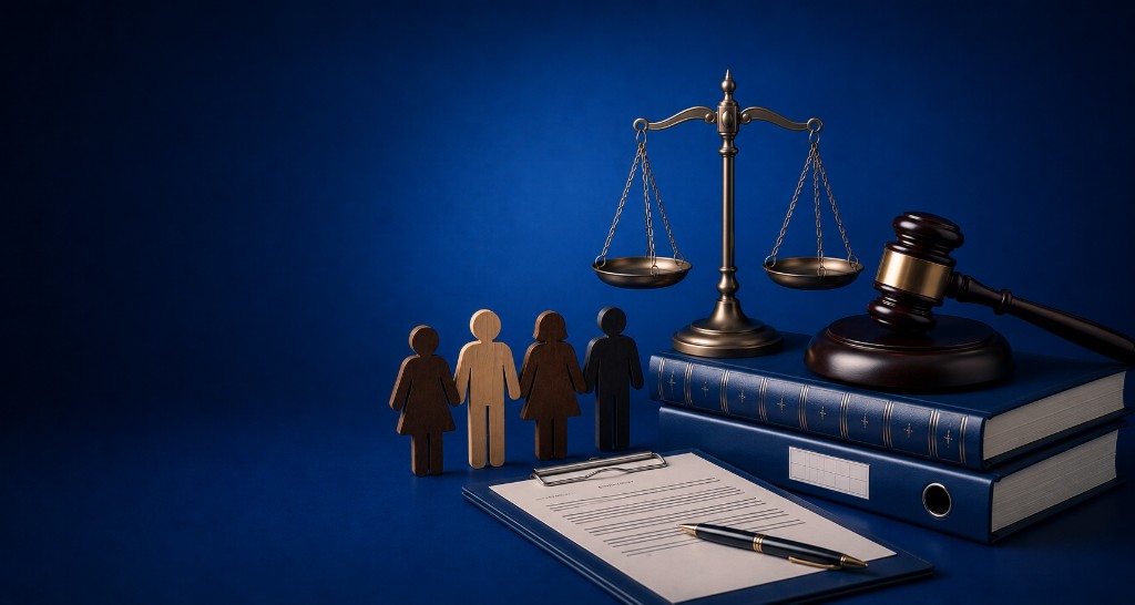 Wooden employee figures, scales of justice, gavel, law binders and employment documents representing employment law