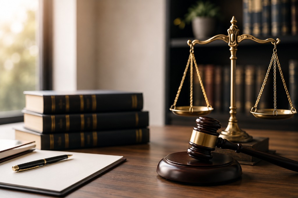Scales of justice, gavel and law books on a desk
