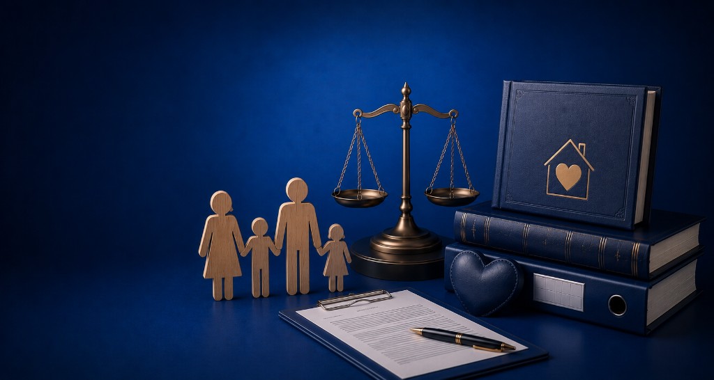 Wooden family figures, scales of justice, home with heart symbol and legal documents representing family law and relationships