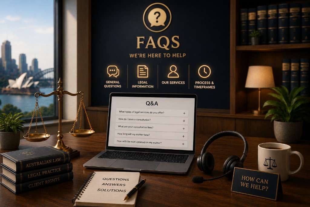 Law office desk with laptop showing Q&A section, legal books and Sydney Harbour view