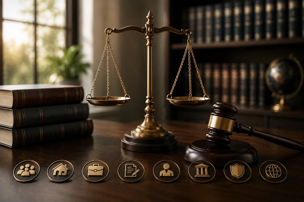 Scales of justice, gavel and law books representing multiple legal practice areas
