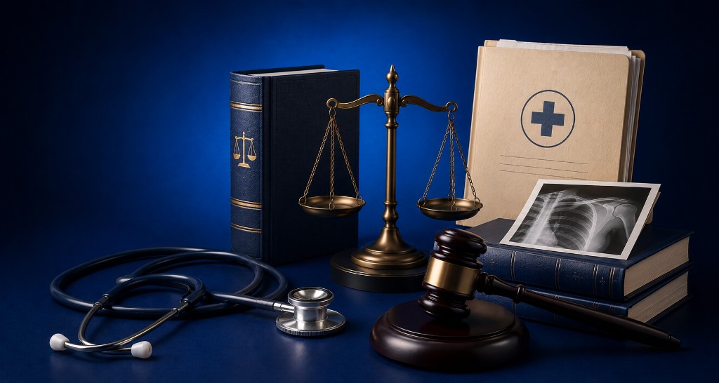 Stethoscope, X-ray, scales of justice, gavel and medical file representing medical negligence claims