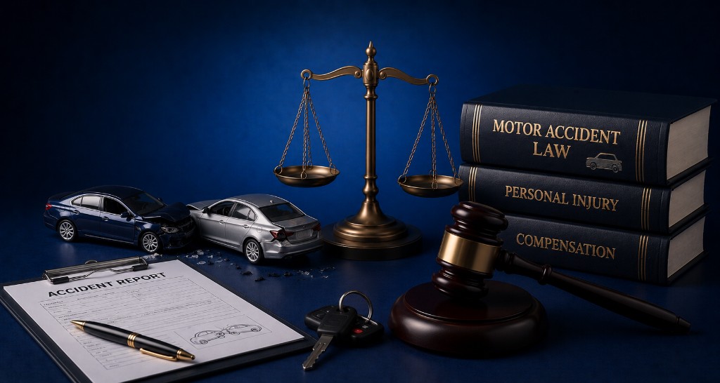 Model cars in collision, accident report, scales of justice, gavel and motor accident law books