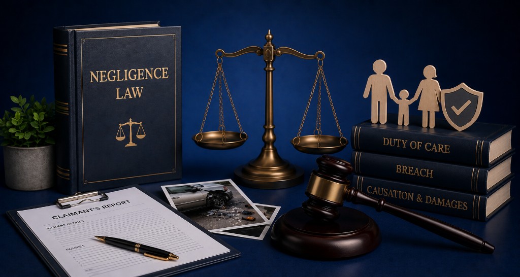 Negligence law books, scales of justice, gavel, claimant report and car accident evidence photos