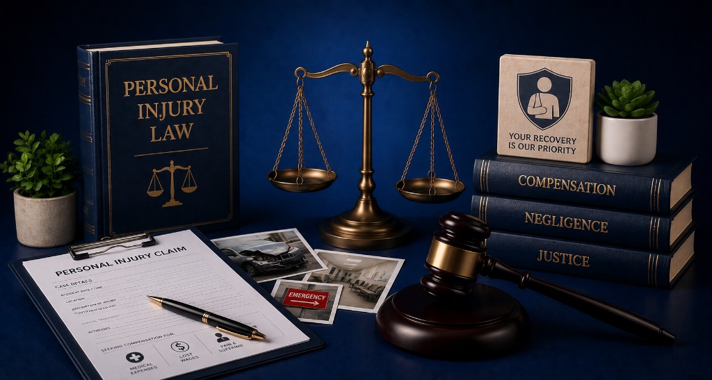 Personal injury law books, scales of justice, gavel, claim form and accident evidence photos