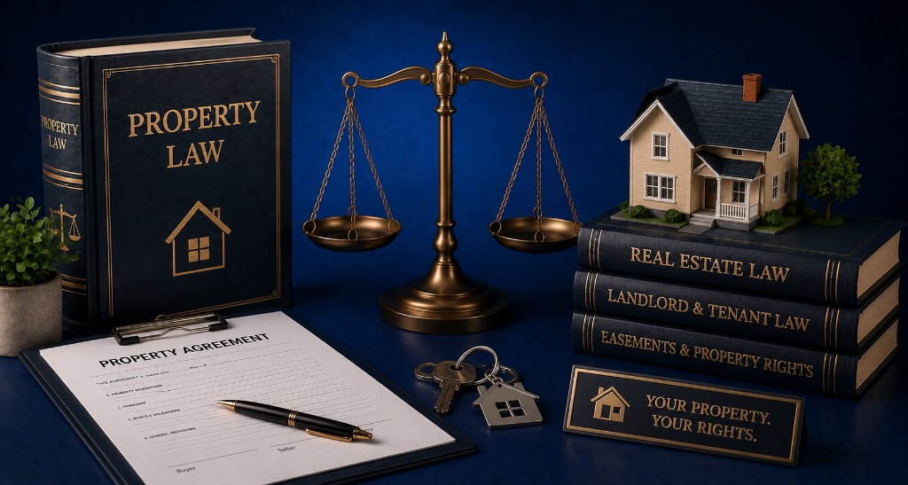 Property law books, model house, house keys, scales of justice and property agreement document