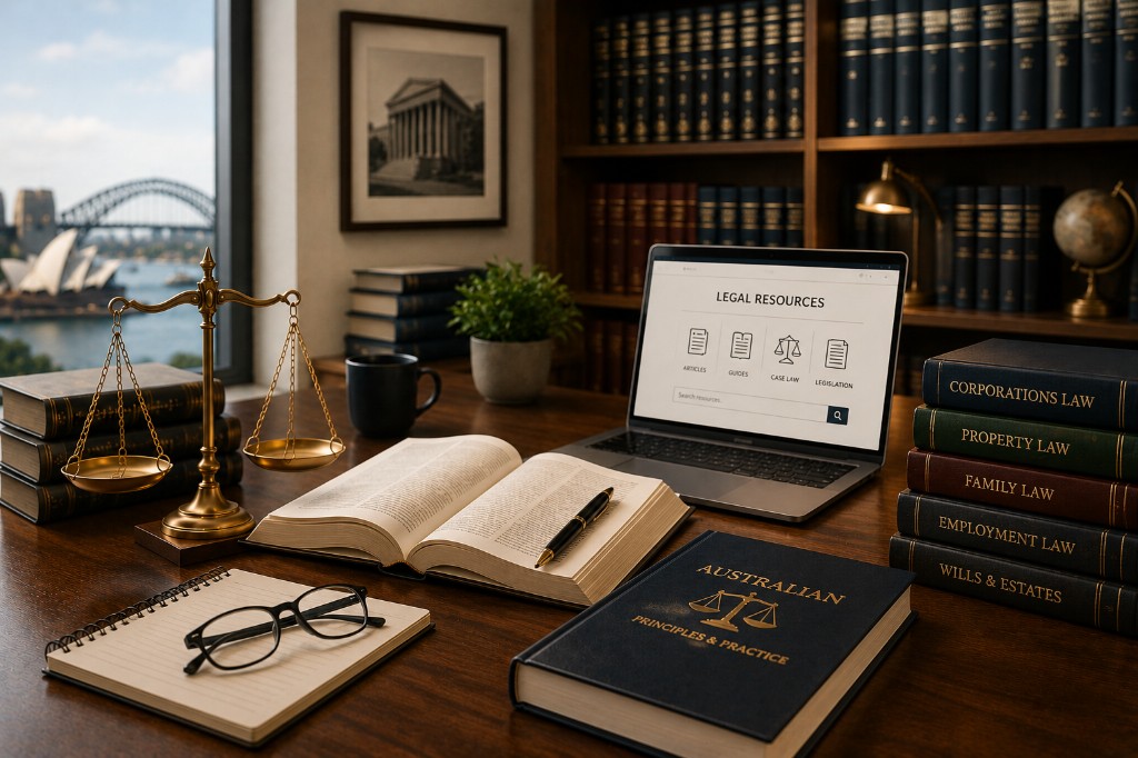 Law office desk with legal books, laptop showing legal resources portal and Sydney Harbour view