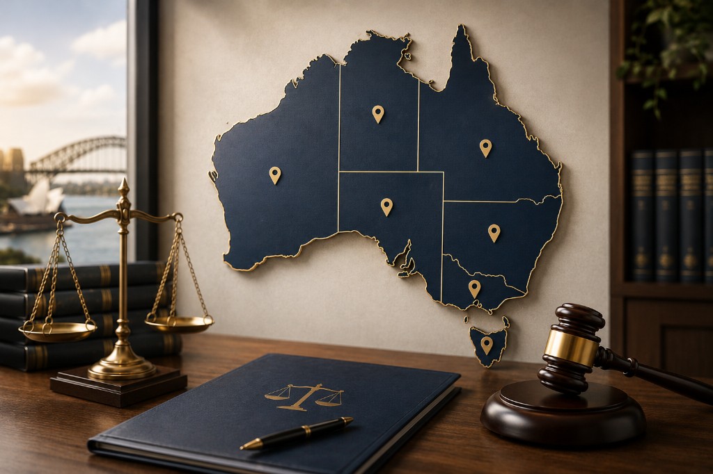 Map of Australia with legal scales, gavel and law books representing national legal coverage
