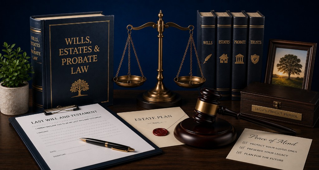 Wills estates and probate law books, last will document, scales of justice and gavel