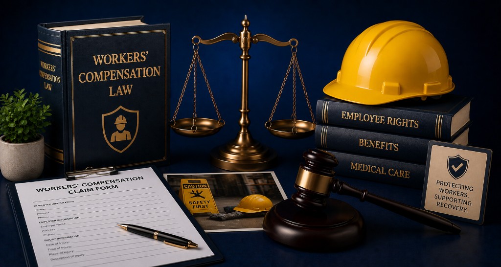 Workers compensation law books, hard hat, scales of justice, gavel and claim form